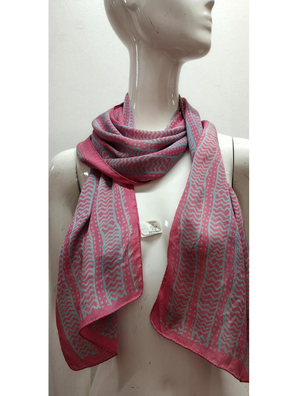 Vintage 1990s Pure Silk Long Scarf Rose PINK TRIBAL ZIG ZAG MADE IN INDIA Zashi